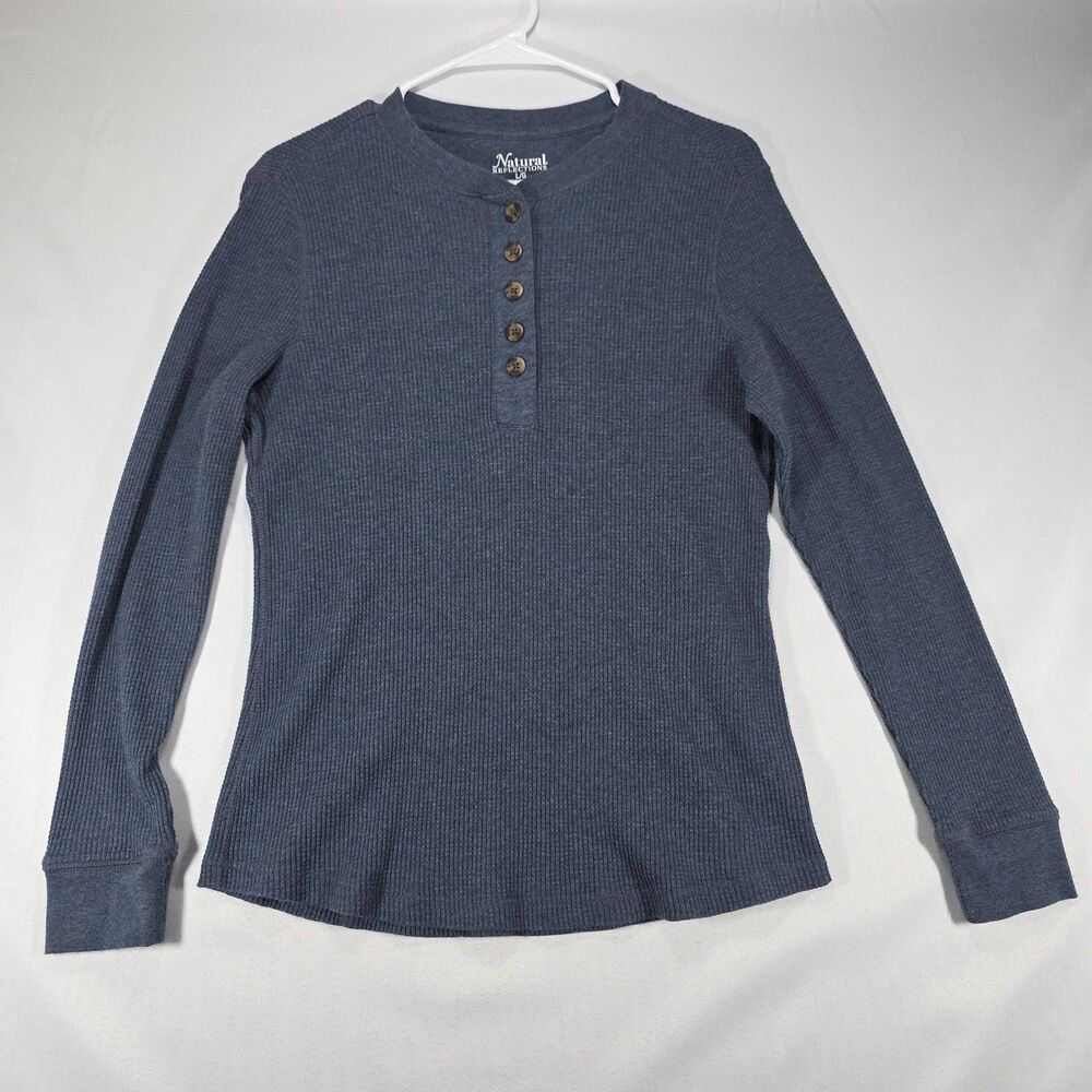 Natural Reflections Womens L Blue Waffle Knit Long Sleeve Henley Bass Pro
